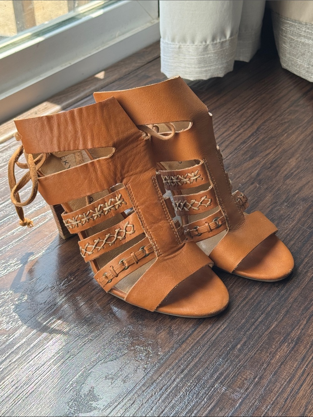 Lucky Brand Cognac Leather Cutout Lace-Up Block Heels